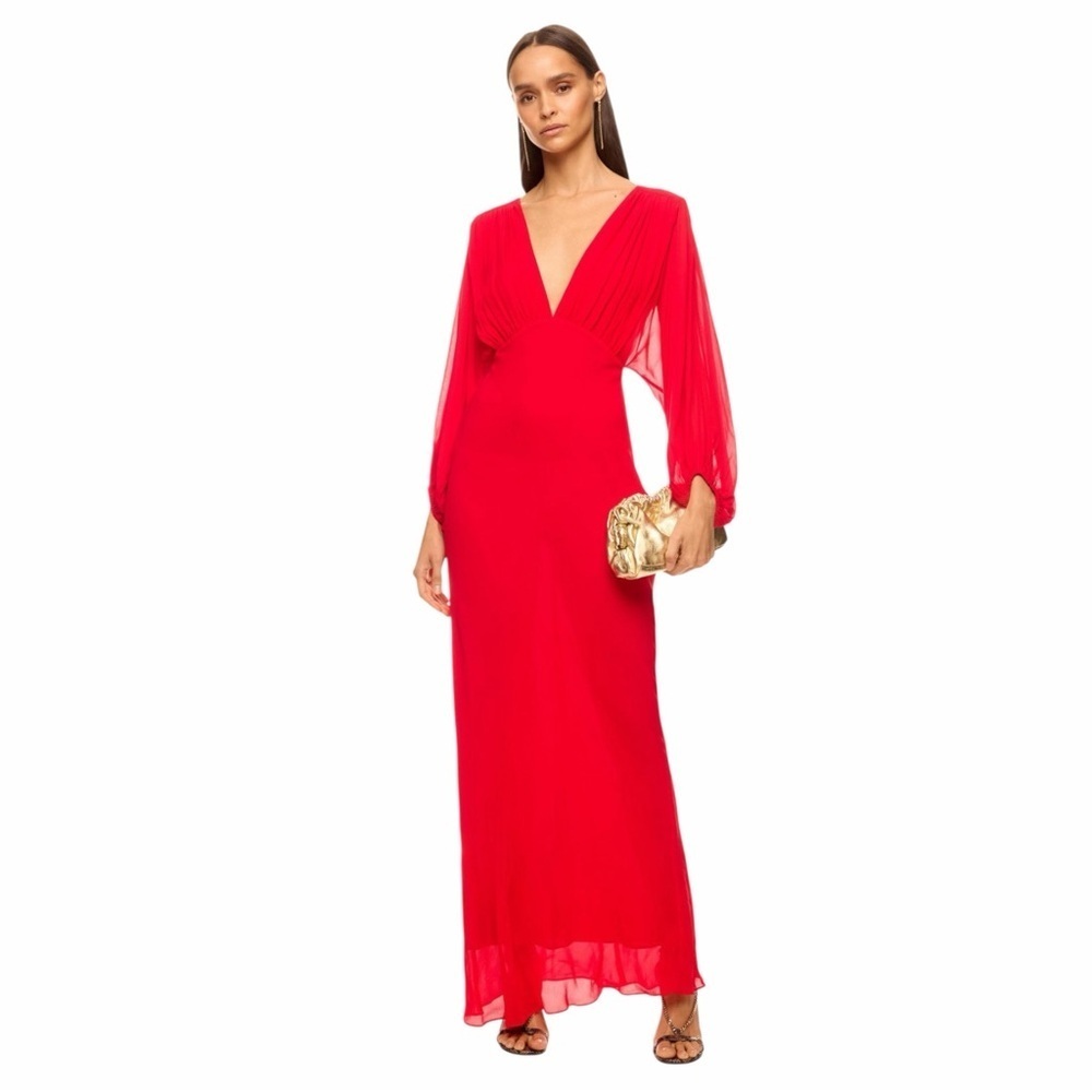 Shona Joy Red Amina Plunge Balloon Sleeve Maxi Dress Womans 6